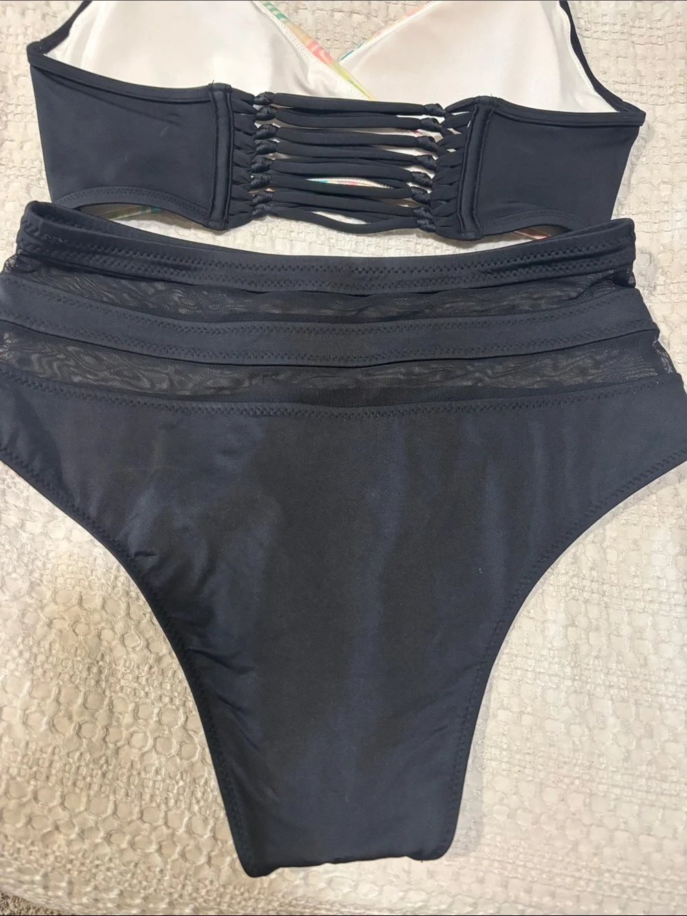 High-Waist Two-Piece Swim Set with Pastel Geometric Top and Black Bottom